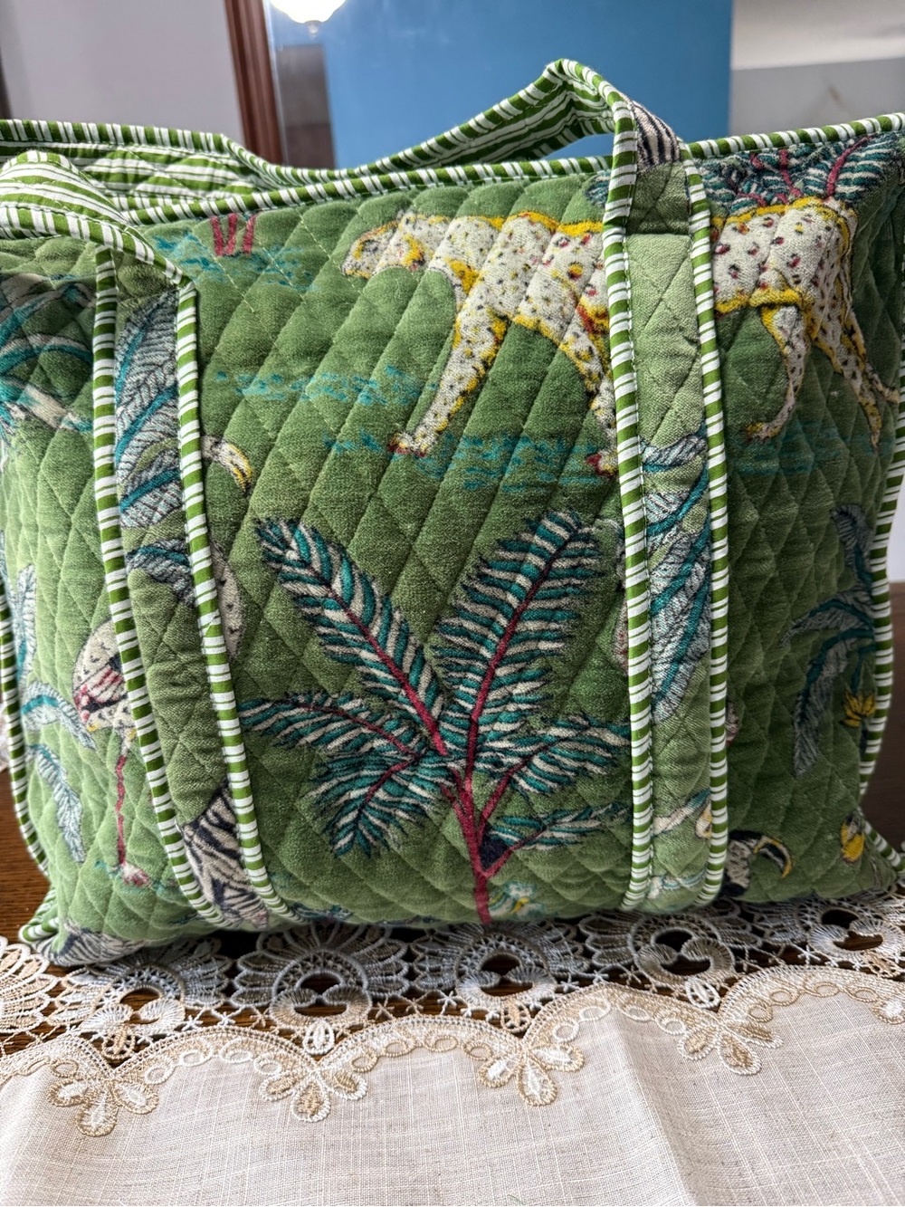 POL Green Quilted Tropical Tote Bag